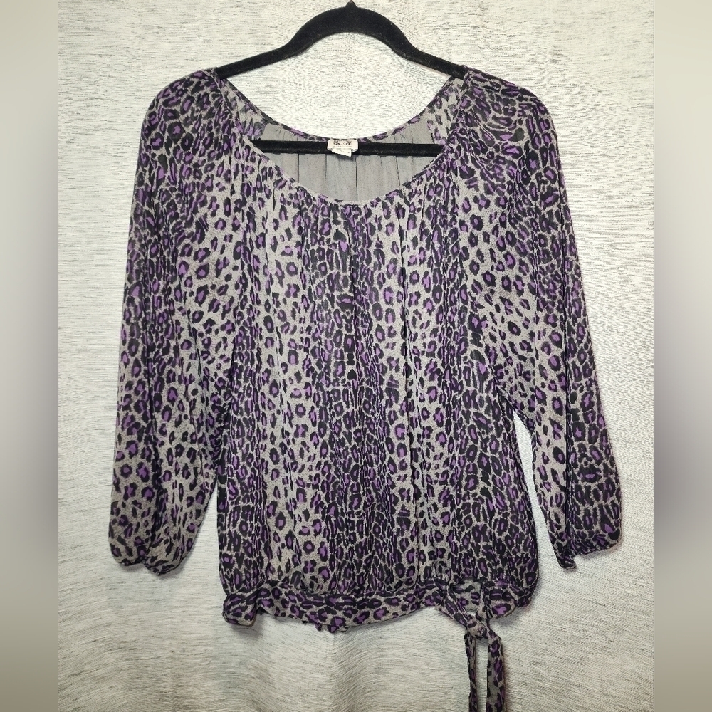Anne Klein Large Purple Leopard Print Top 3/4 Sleeves Tie Waist